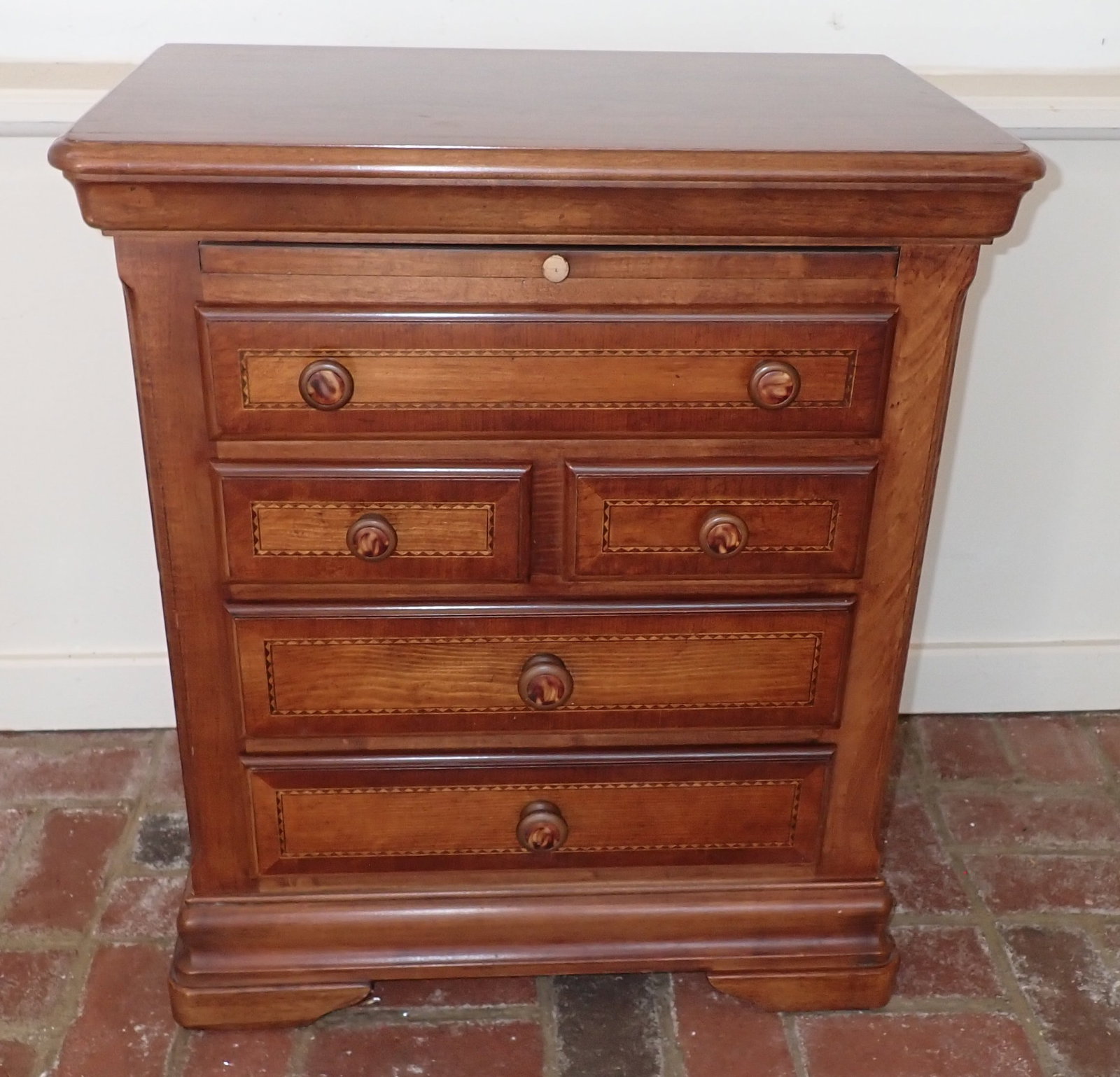 Alexander Julian Inlaid 5 Drawer Bedside Chest: Approx 16" x 26" x 30 1/2" tall. NO in house shipping ! Bring help to remove !