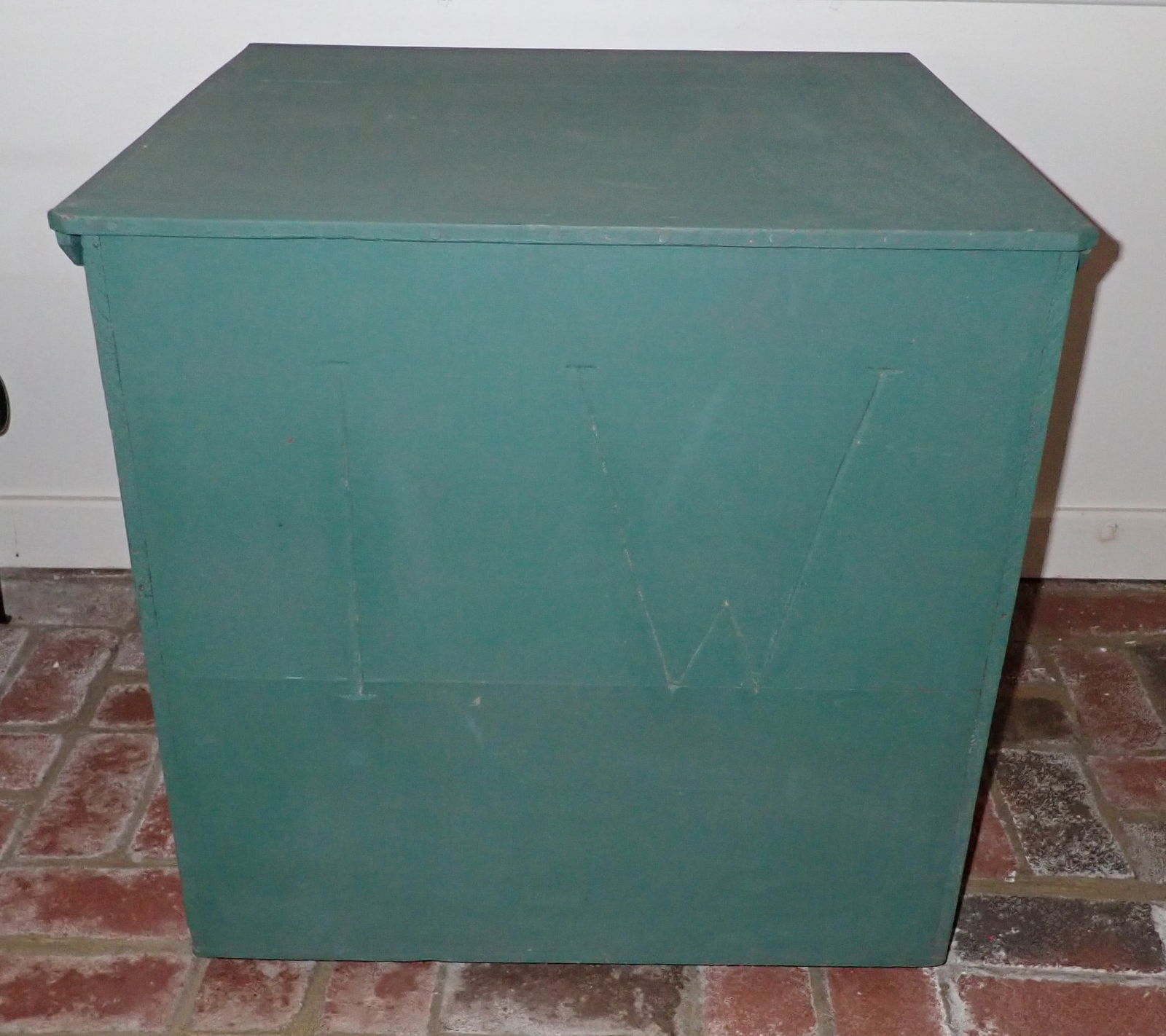 Wood Box in Green Paint: Approx 26" x 25 5/8" x 25 1/2" tall. Made of light wood. Has initials "IW" under the paint on the front. No in house shipping !