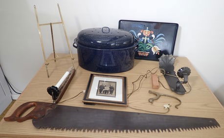 Enameled Roaster, Brass Easel, Saw , & Misc