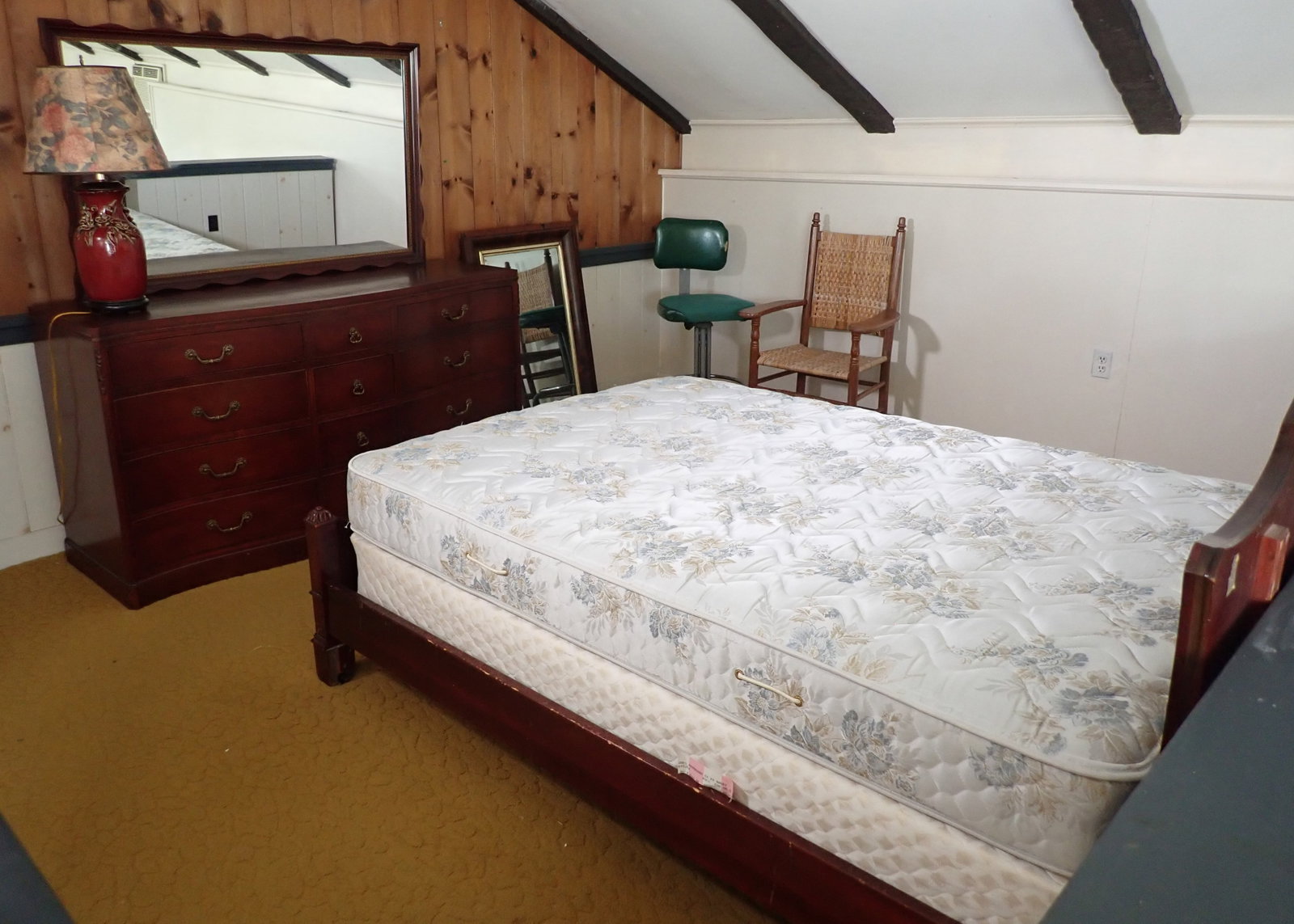 Bed, Dresser, Chairs, Lamp, Empire Mirror: Dresser is approx 21 1/2" x 64" x 35" tall ( not including height of mirror). Bed is approx 58" x 80". NO in house shipping ! Bring help to remove !