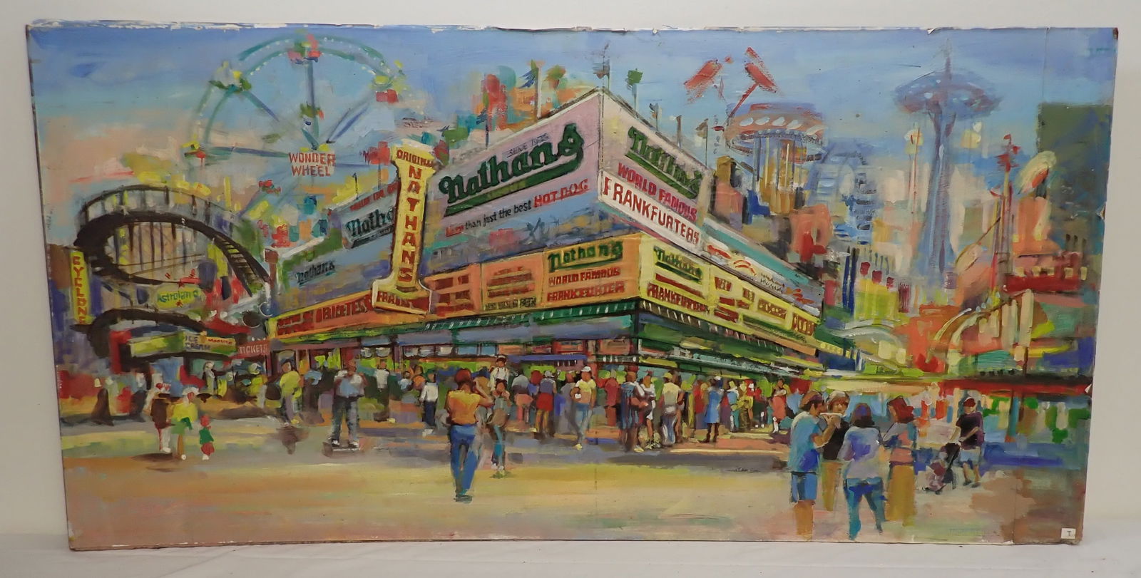 John Reilly Coney Island Nathans Hot Dogs Painting: Signed painting, paper applied to board. Approx 24" x 48". Shipping availablr ($20 handling charge, plus postage)