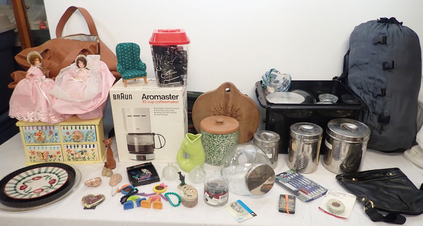 Canisters , Leather Bag , & Misc Table Contents (1 of 13)