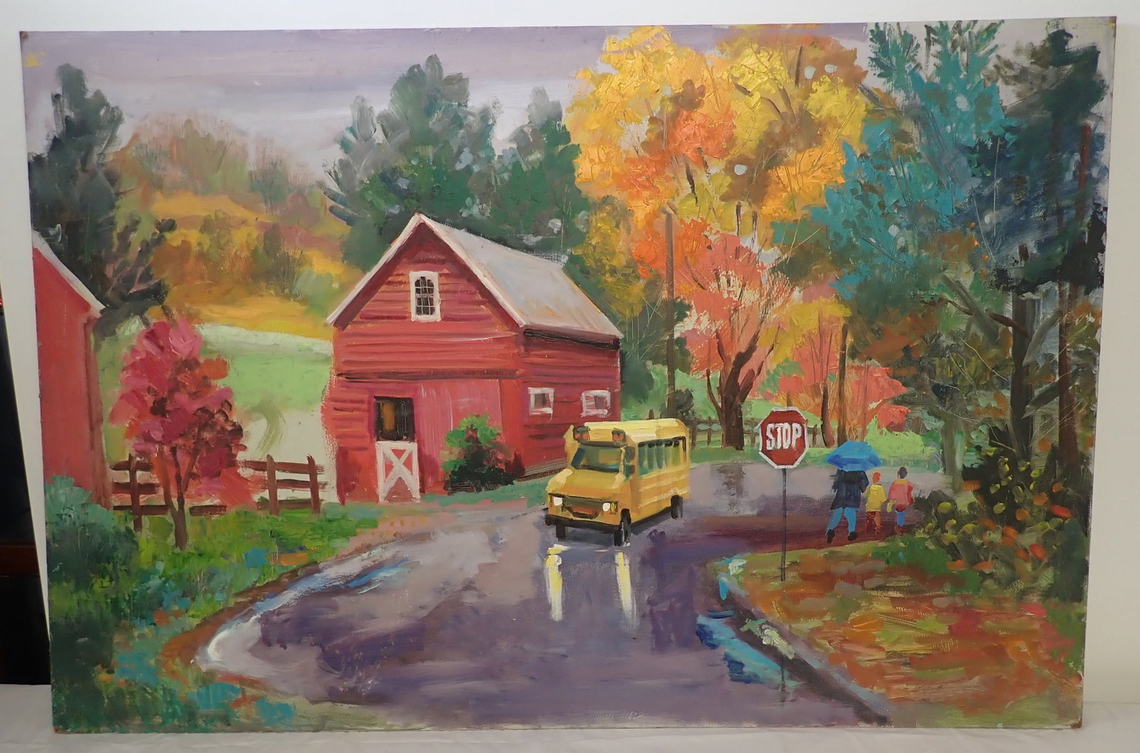 John Reilly Rainy Day w/ School Bus Painting: Oil on board painting is approx 32" x 48 1/4". No in house shipping !