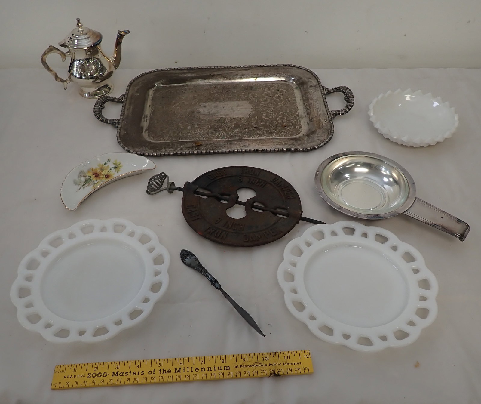 Silverplate , Milk Glass , Stove Damper , & Misc: Tray is approx 11 1/4" x 19 1/2". Shipping available ($20 handling charge, plus postage)