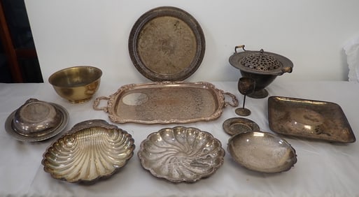 Silverplate Trays , Brass Bowl , & Misc