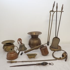 Brass Fireplace Set, Spittoon, & Misc