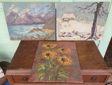 Winter Scene , Seascape, & Sunflowers Oil on Board Paintings