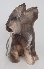 Signed Pottery Bat on Rabbit Sculpture
