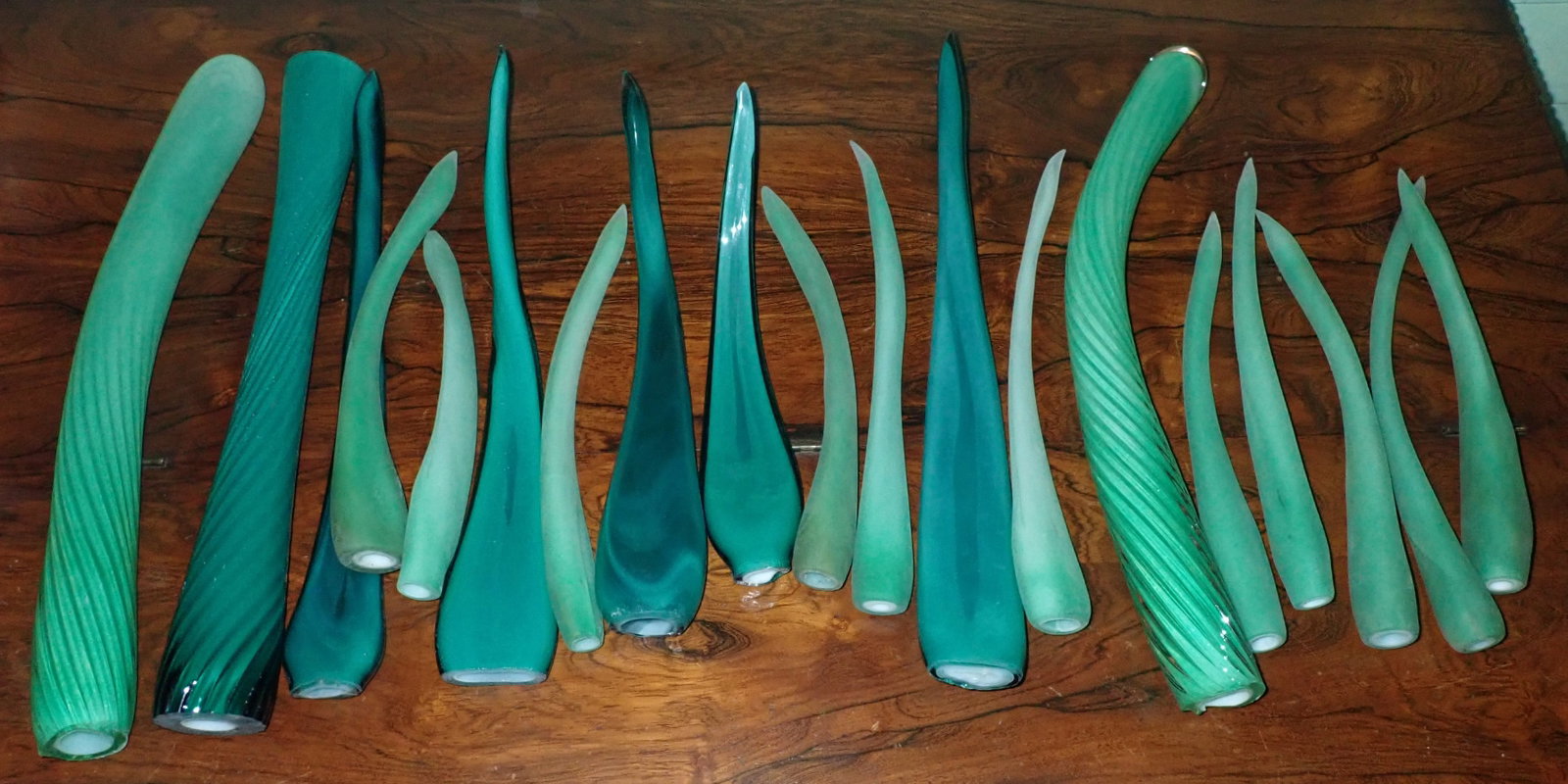 Pieces of Art Glass: Left one is apprx 2" in diameter and 17 1/2" long. No in house shipping !