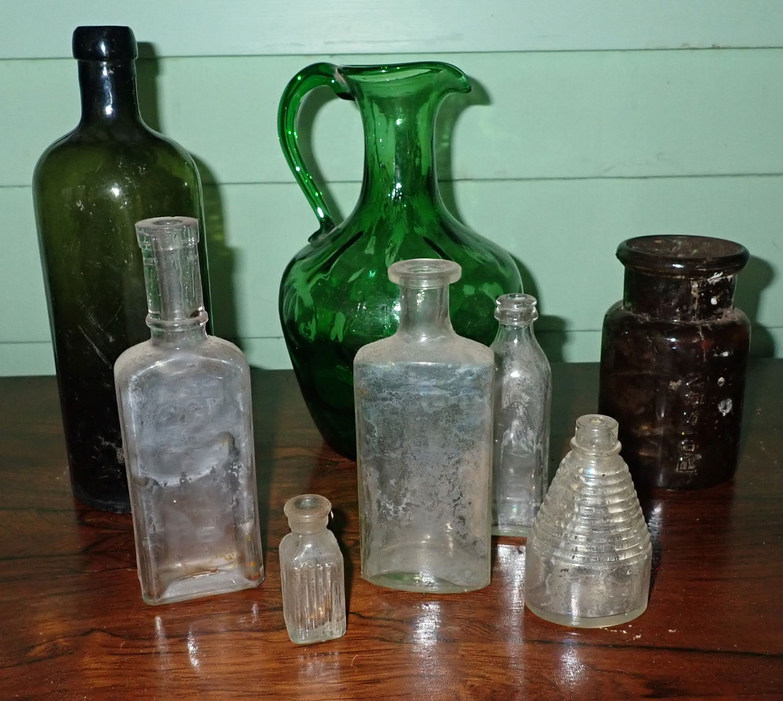 Bottles , Poison Jar , & Ewer: Tallest is approx 9 1/4" tall. Shipping available ($20 handling charge, plus postage)