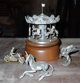 Reuge Pewter Carousel Music Box & Misc Figures