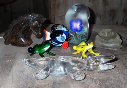 Glass Paperweights & Figurines incl Alligator Frogs & Misc