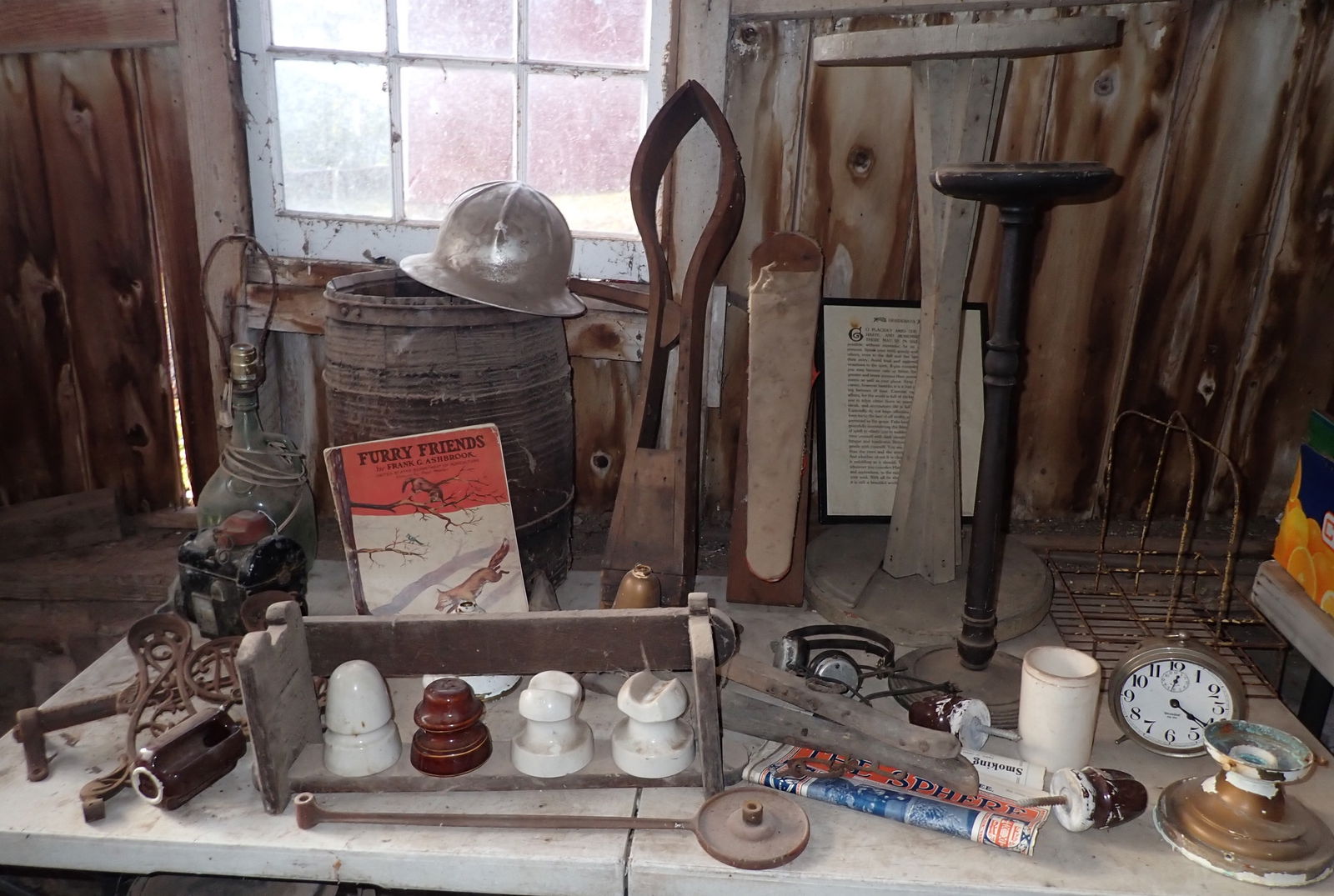 Nail Keg , Plant Stand, Magneto & Misc Table Contents (1 of 9)