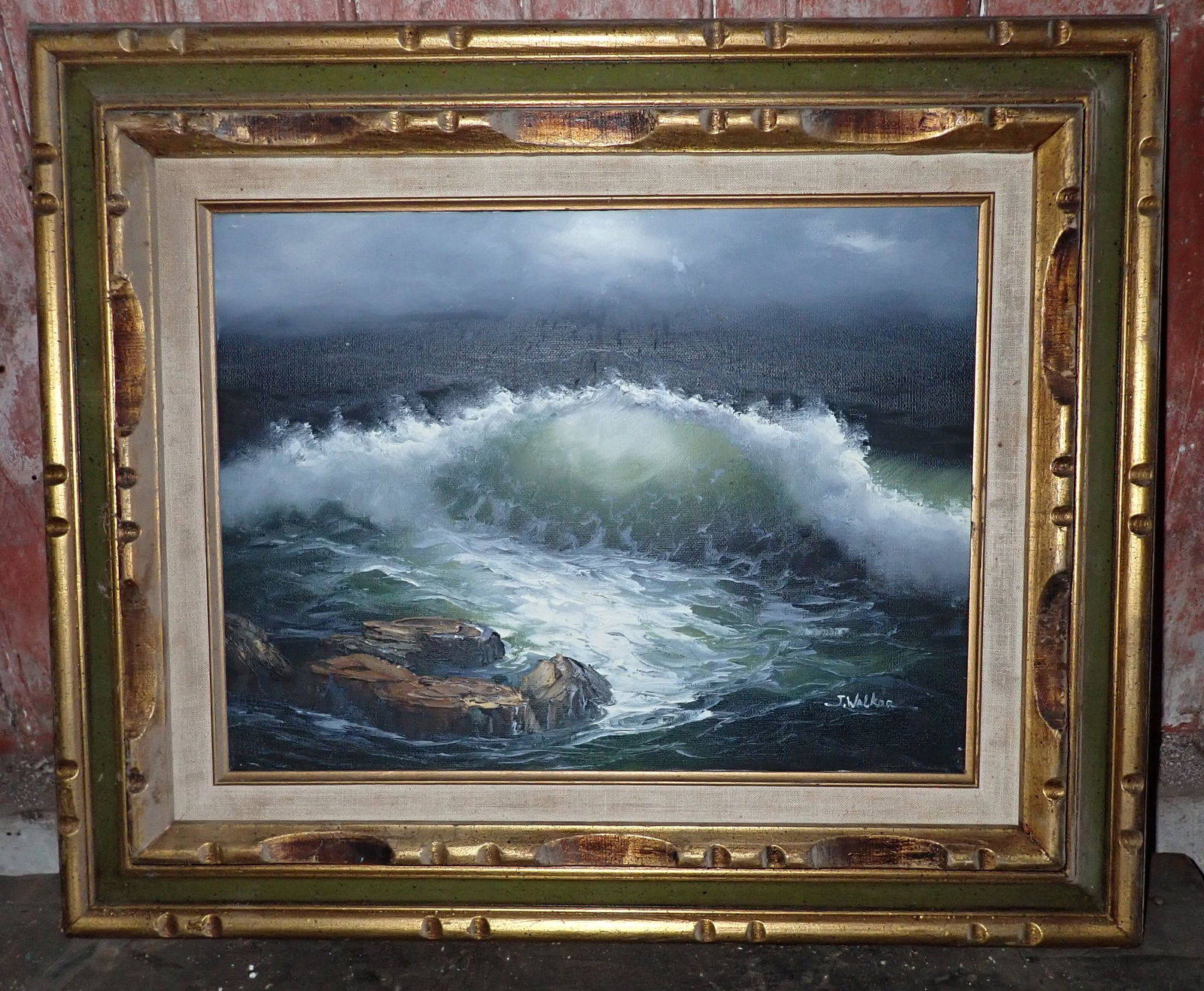 J Walker Seascape Oil on Canvas Painting: Approx 19 1/2" x 23 1/2". Shipping available ($35 handling charge, plus postage)