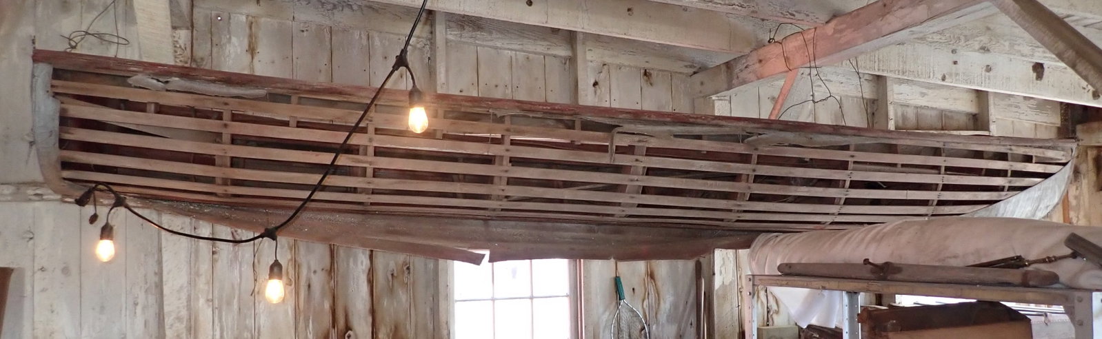 Wooden Boat: Apprx 36" wide and 14 1/2' long. No in house shipping ! Bring help to get down from rafters in barn. It is hanging approx 7 1/2' high.