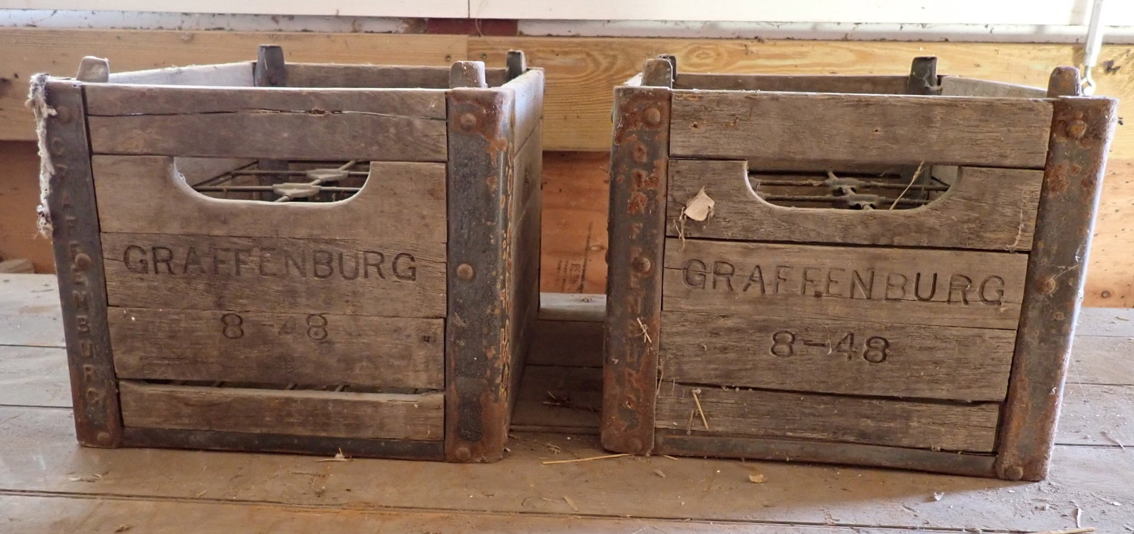(2) 1948 Graffenburg Wooden Milk Crates: Approx 12" x 16" x 10 3/4" tall. No in house shipping !