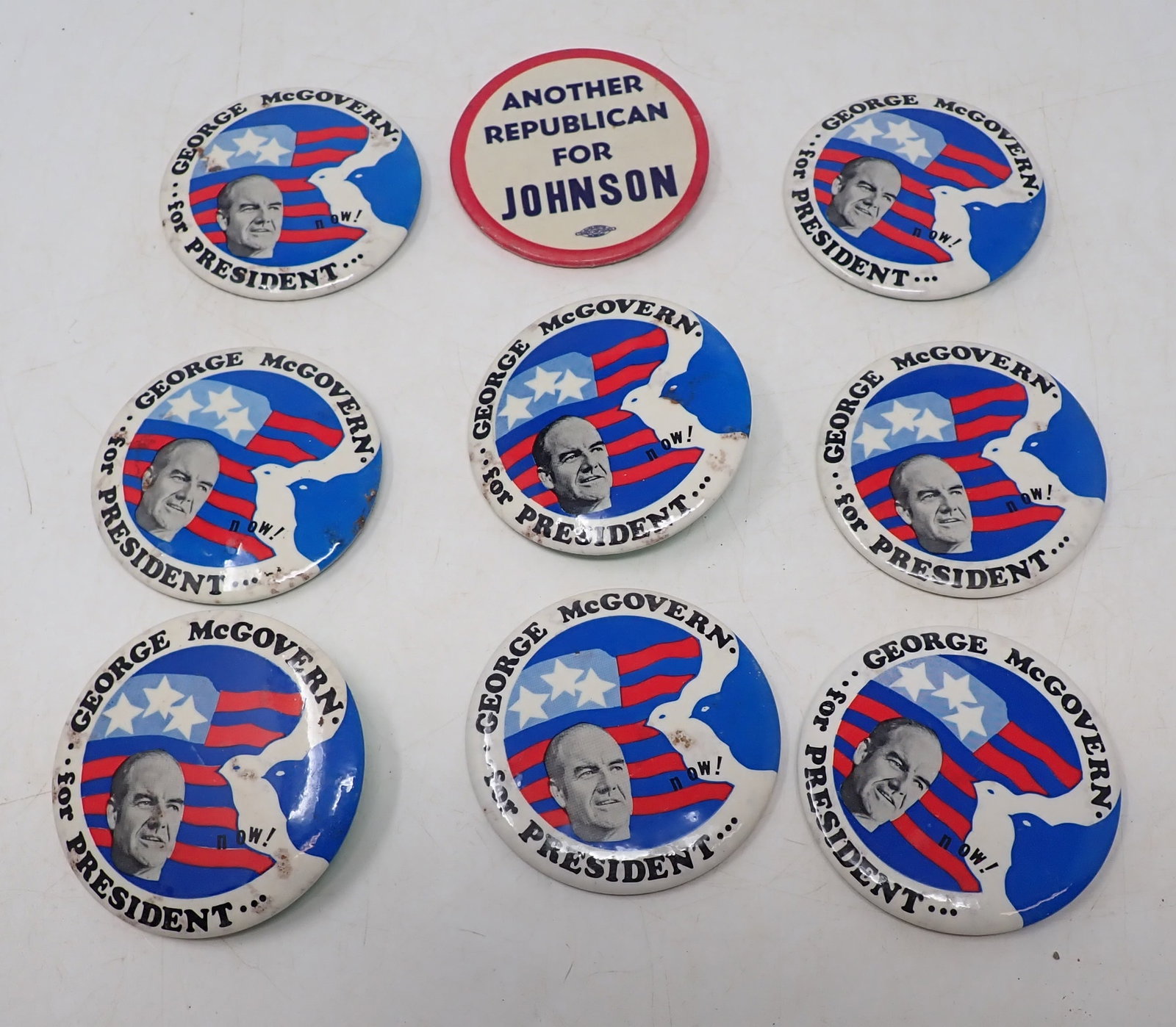 George McGovern & Johnson Political Pinbacks: Approx 3" in diameter. Shipping available.