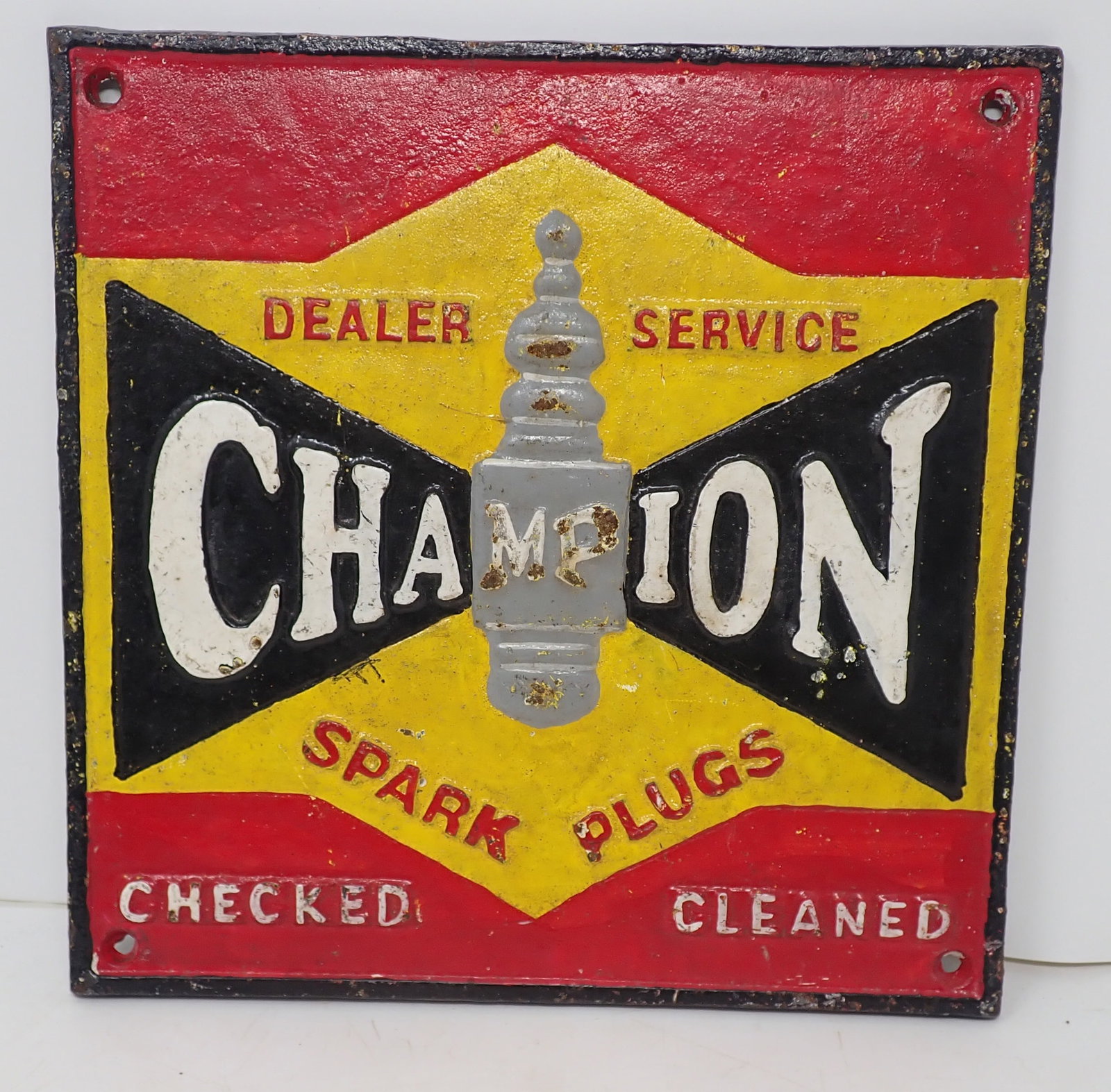 Champion Spark Plugs Cast Iron Sign: Repro sign is approx 9 3/4" x 9 3/4". Shipping available