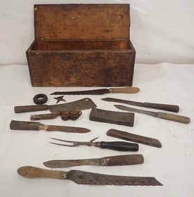 Wood Box , Butcher Knives , Meat Cleaver & Misc