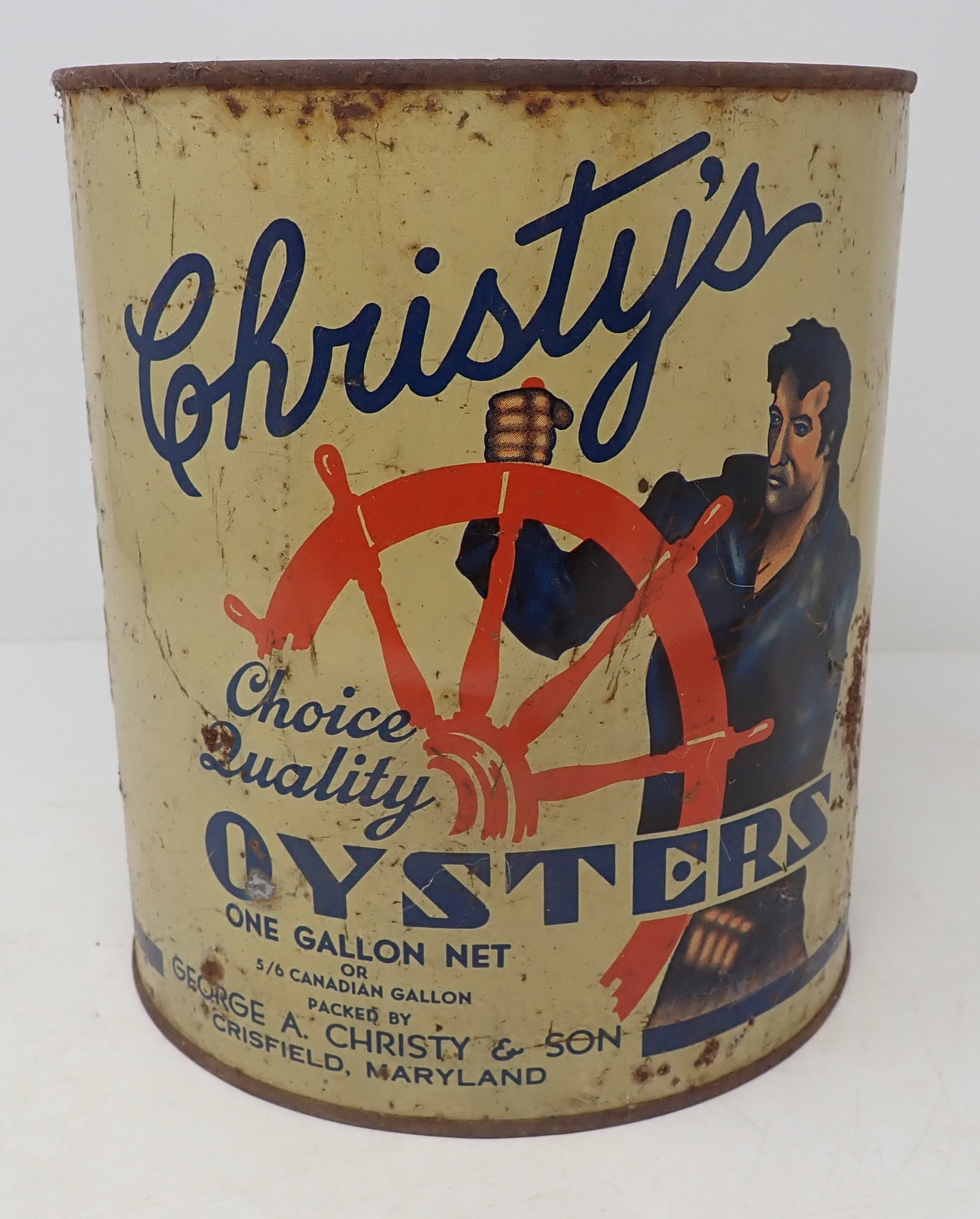 Christy's Oysters One Gallon Can: Approx 6 3/4" in diameter and 7 1/2" tall. Shipping available