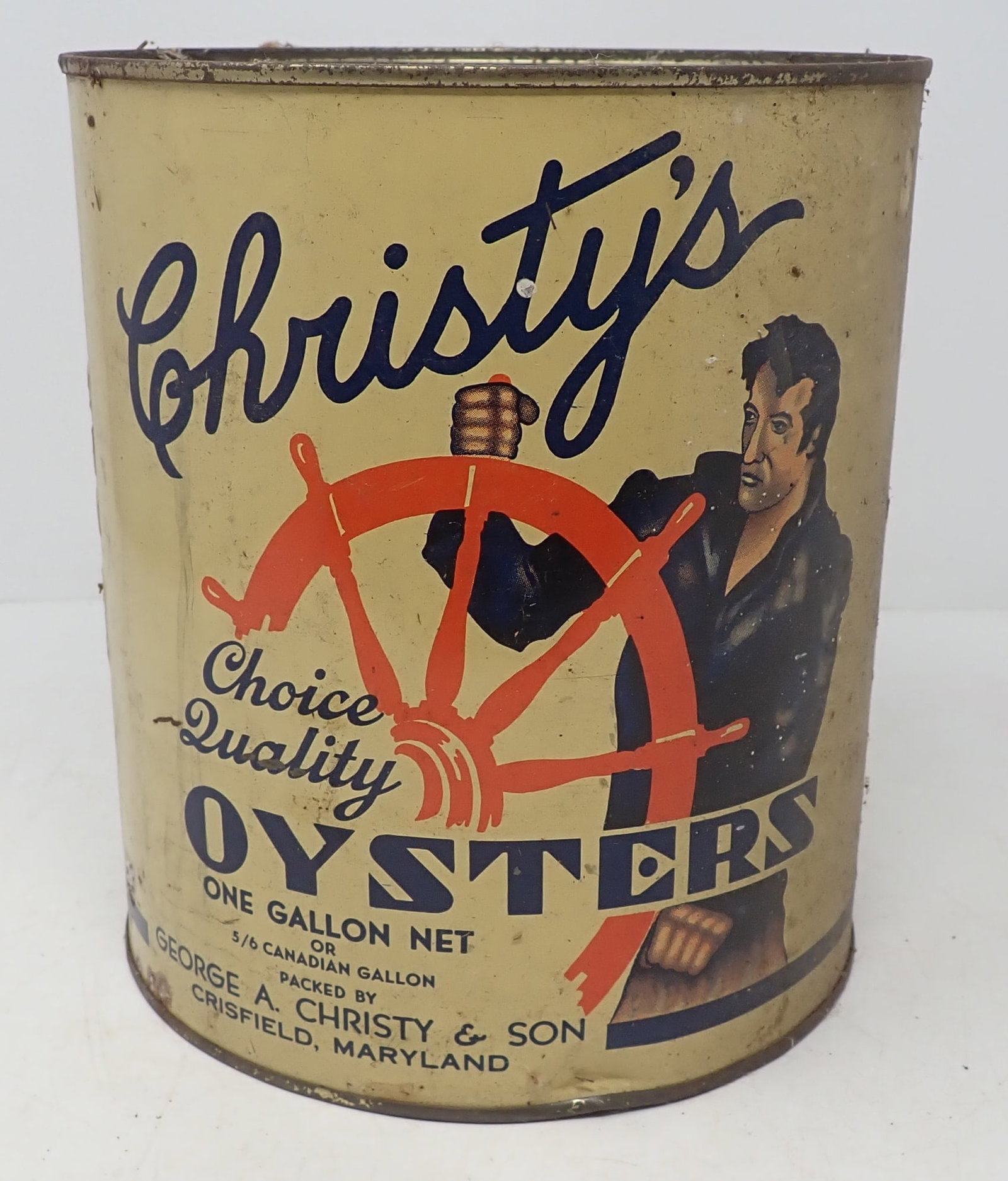 Christy's Oysters One Gallon Can: Approx 6 3/4" in diameter and 7 1/2" tall. Shipping available