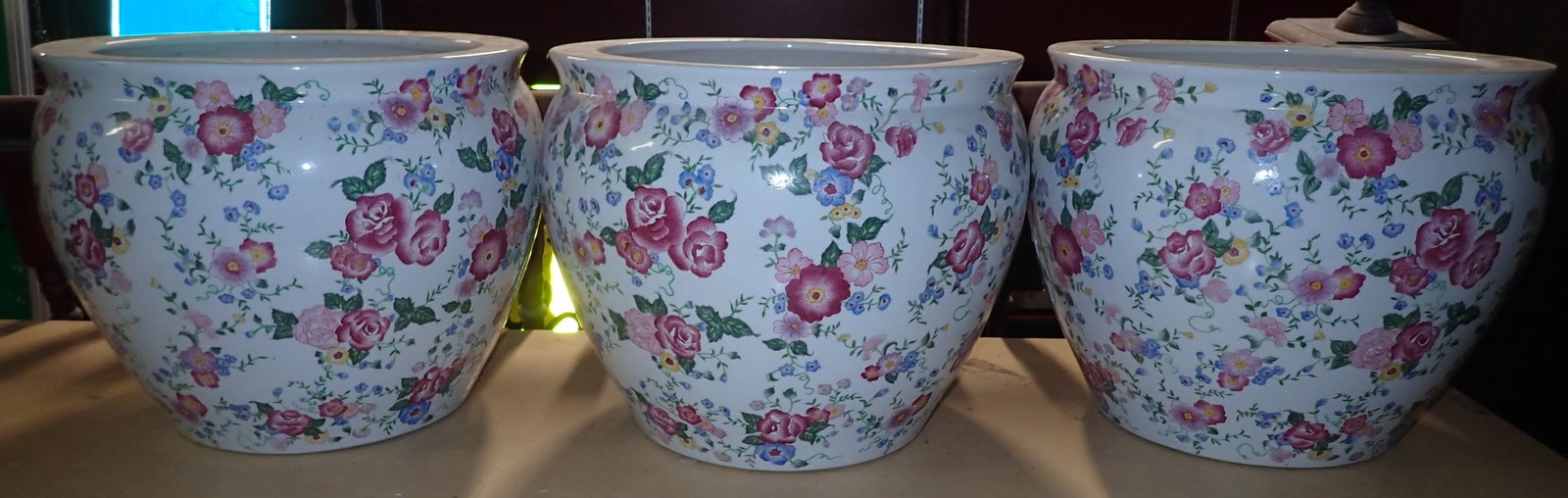 3 Chinese Floral Planters: Approx 18" in diameter and 15" tall. No in house shipping !