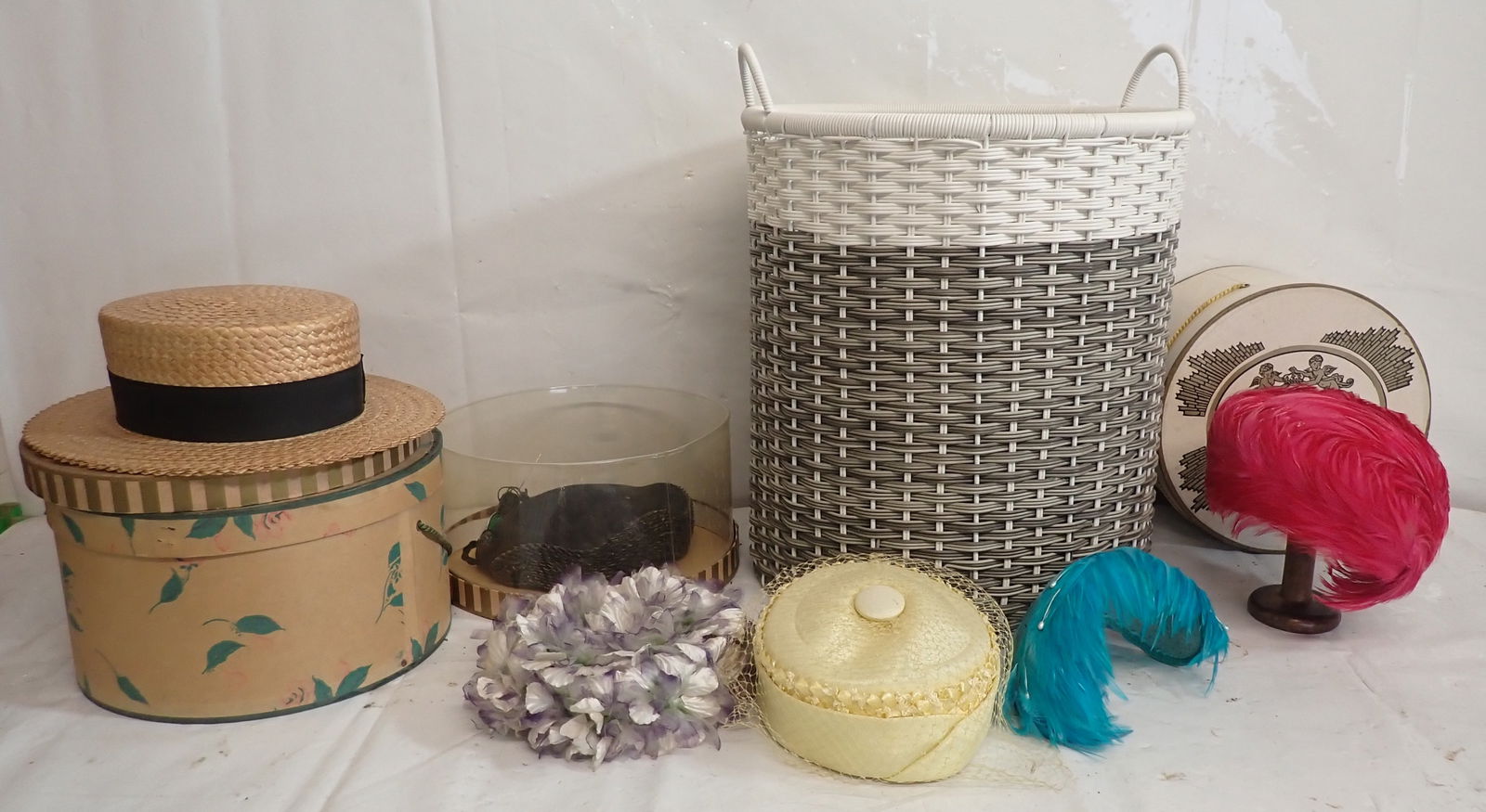 Ladies Feather Hats , Straw Boater , & Basket: No in house shipping !