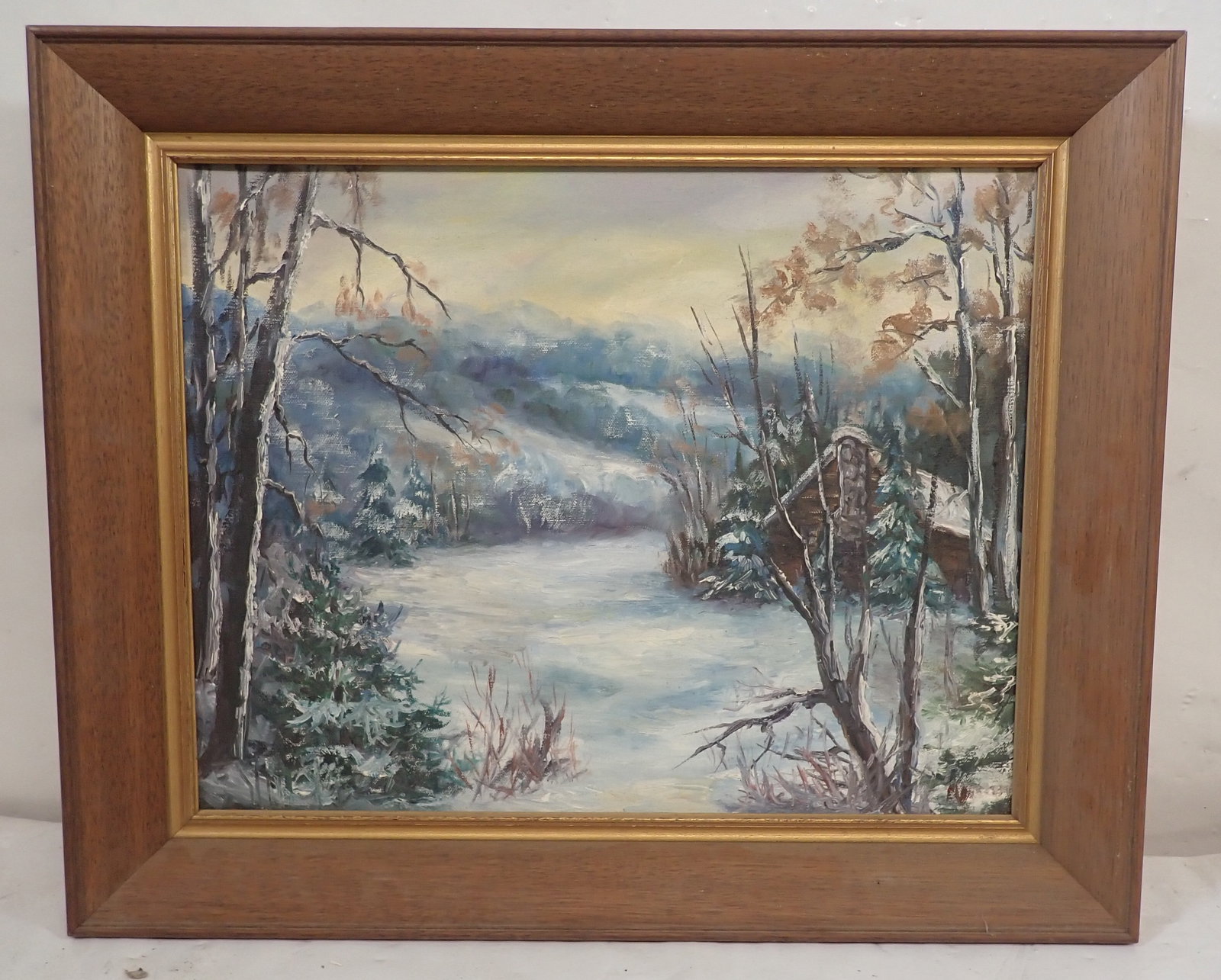 Signed Oil on Canvas Winter Landscape Painting: Approx 18" x 22". Shipping available ($25 handling charge, plus postage)