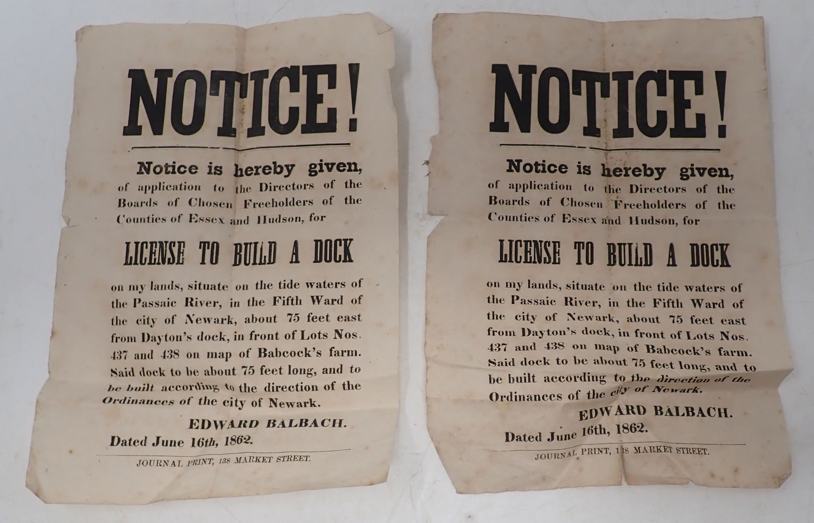 (2) 1862 Exxex Hudson Co. New Jersey Dock Licenses (1 of 3)