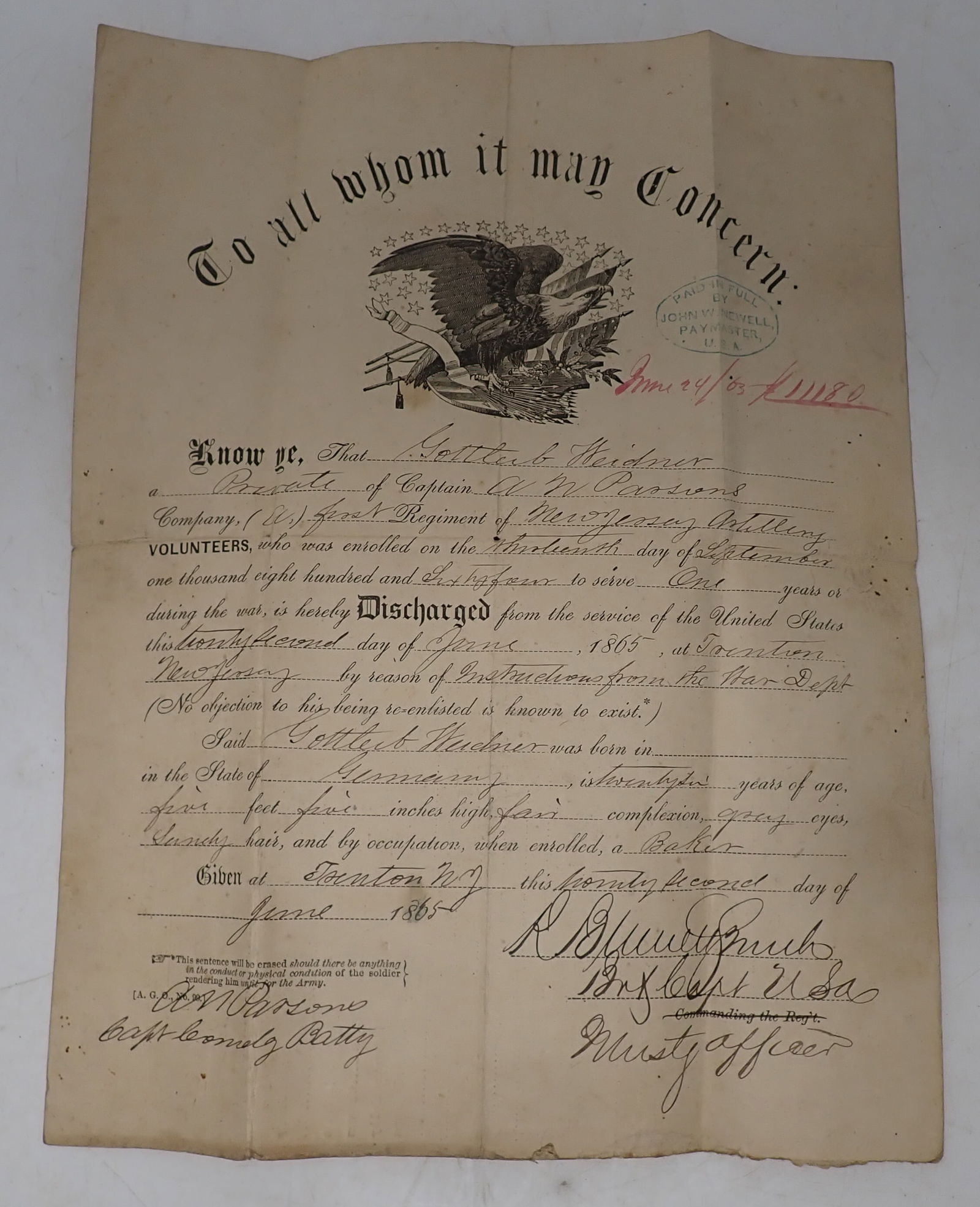 First Regiment of NJ Artillery Discharge Papers Civil War (1 of 6)
