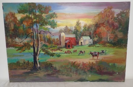 John Reilly Cow Farm Oil on Board Painting