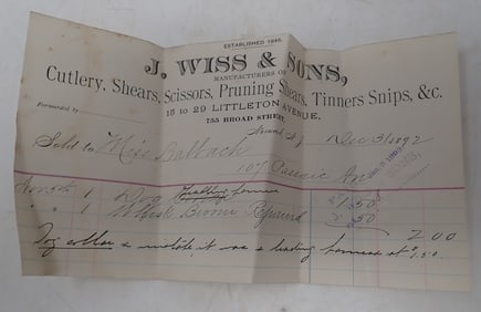1892 J. Wiss Cutlery Shears Scissors Tinners Snips Receipt