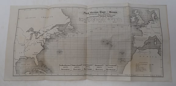 1878 North German Lloyd Bremen Steamship Map
