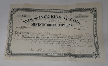1884 Silver King Tunnel Mining Stock Certificate