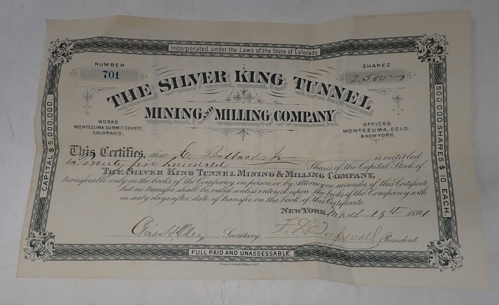 1884 Silver King Tunnel Mining Stock Certificate (1 of 5)