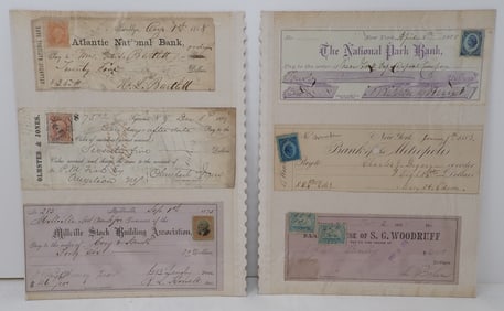 12 Cancelled Checks 1868-1899 w/ Stamps