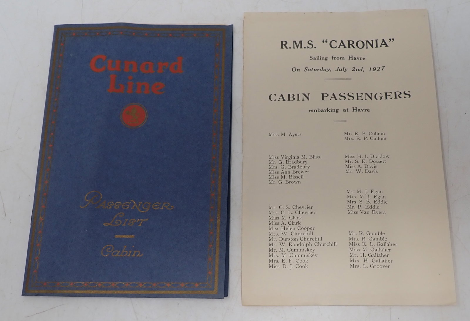 1927 Cunard Line R.M.S. Coronia Passenger List w/ Chart (1 of 5)