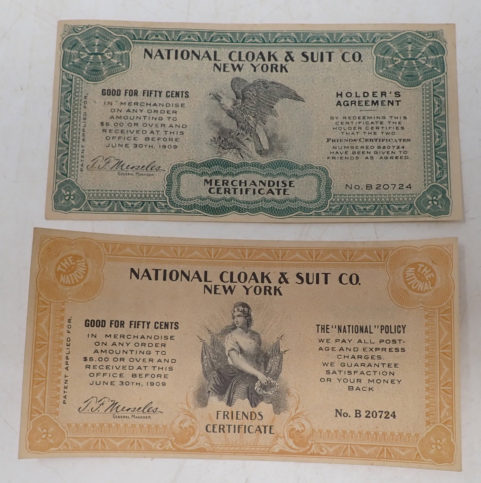 1909 National Cloak & Suit Co Certificates: National Cloak & Suit Friends & Merchandise Certificates New York . Shipping available