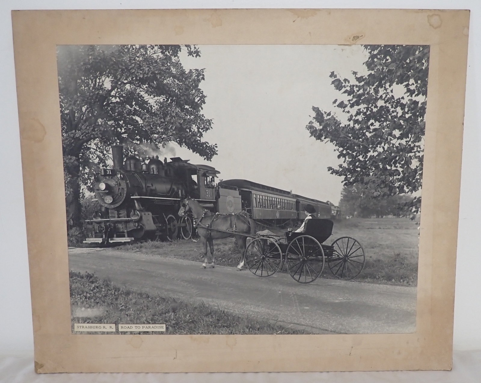Strasburg Railroad Road to Paradise Photograph: Horse & Buggy with Train photo - Approx 20" x 24". Shipping available