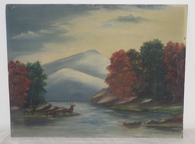 Oil on Board Elk Hunting Landscape Painting