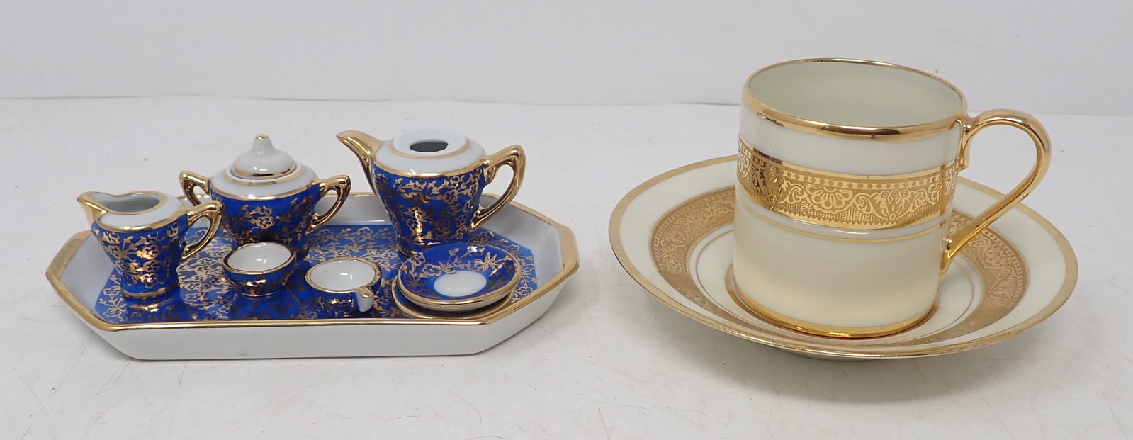 Limoges Chocolate Cup & Saucer w/ Miniture Tea Set: Saucer is approx 4 1/8" in diameter. Shipping available