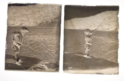 2 Glass Negatives of Little Boy Fishing