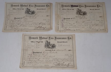 1873 1877 Newark Mutual Fire Insurance Receipts