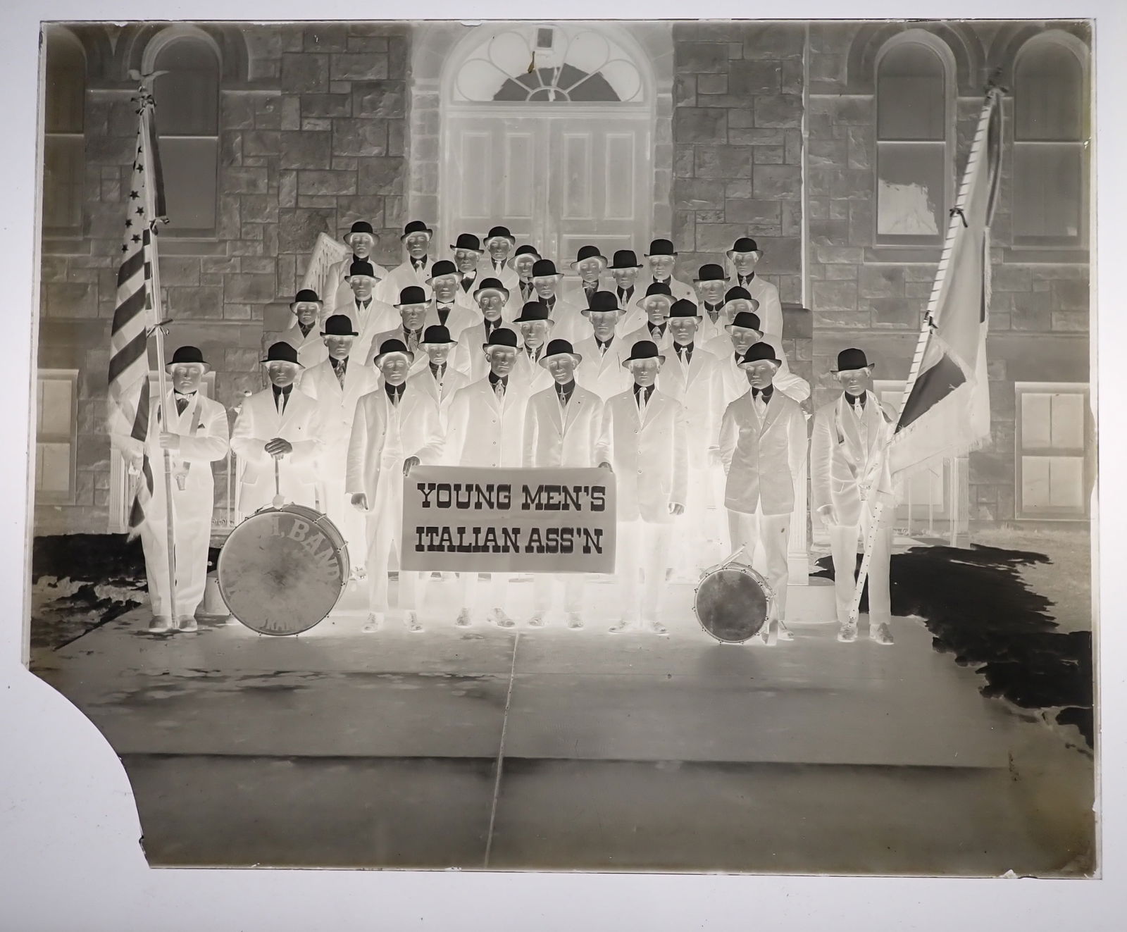 Young Men's Italian Association Glass Negative: Drum is marked Verdi Band Long Branch . Approx 8" x 10". Shipping available