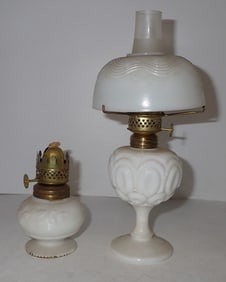 2 Miniature Milk Glass Oil Lamps