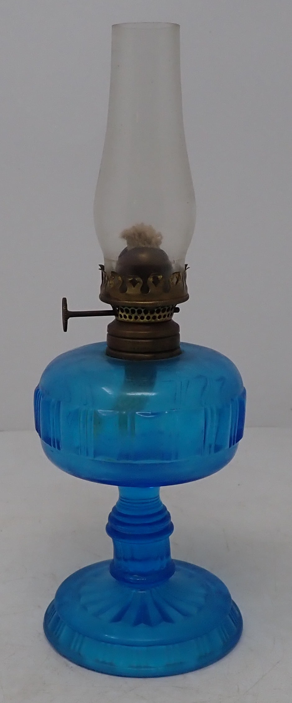 Miniature Blue Glass Pedestal Oil Lamp (1 of 3)