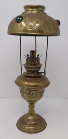 French Art Nouveau Brass Oil Lamp w/ Cabochons