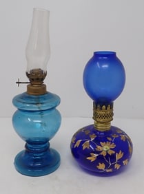 2 Miniature Oil Lamps incl Cobalt w/ Gold Painted Floral Pattern