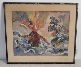1938 Signed Volcano Expressionistic / Abstract Oil Painting