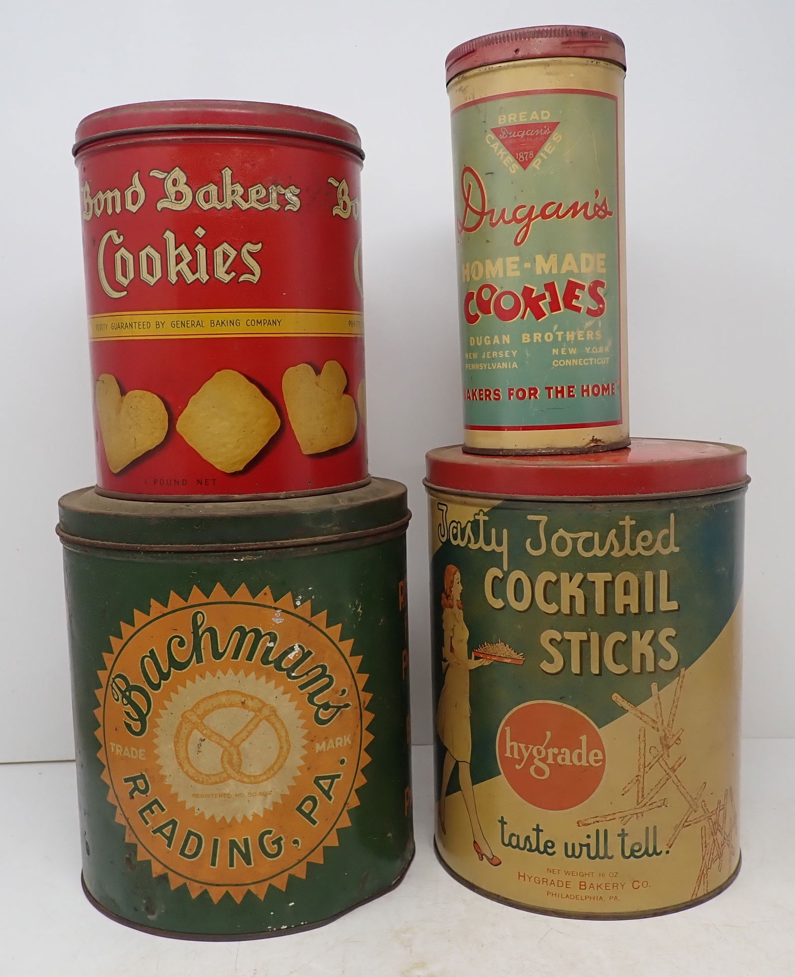 Bachman's Bond Bakers & Misc Tins: Largest is approx 6" in diameter and 8" tall. Shipping available